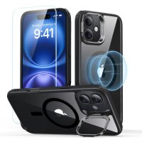 iPhone 16 Case and Screen Protector Classic Hybrid Kickstand MagSafe Set Black Transparent