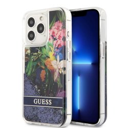 iPhone 13 Pro Case Liquid Glitter Flower Pattern Blue