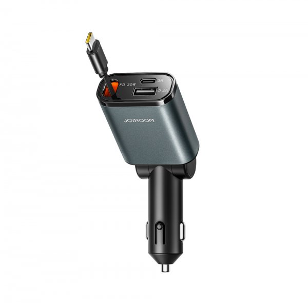 65W Car Charger with built-in USB-cable & USB-A/USB-C Ports Grey