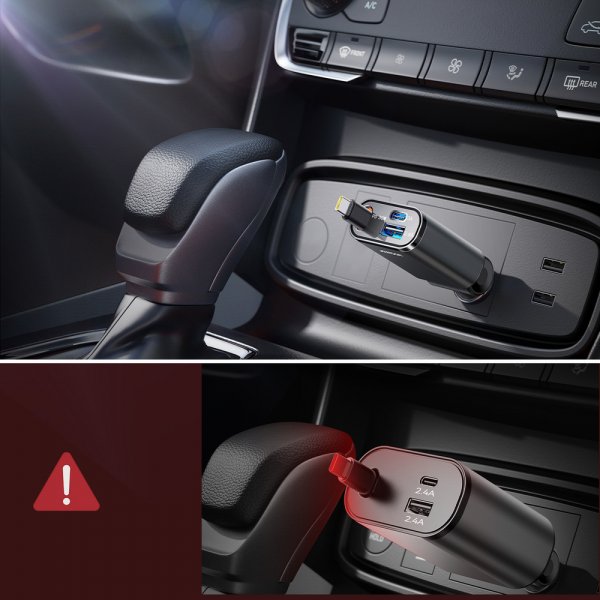 65W Car Charger with built-in USB-cable & USB-A/USB-C Ports Grey