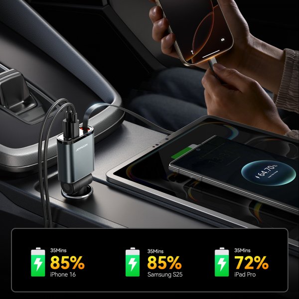 65W Car Charger with built-in USB-cable & USB-A/USB-C Ports Grey