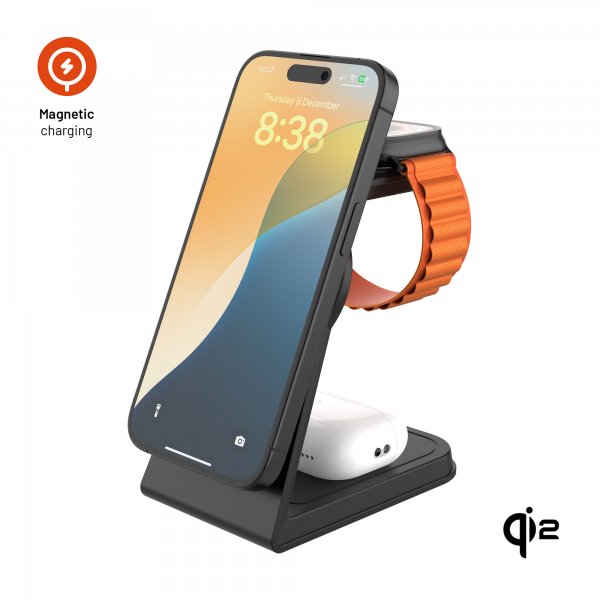 MagSafe Wireless charger MagPowerstation Alu 15W Qi2 3-in-1 Black