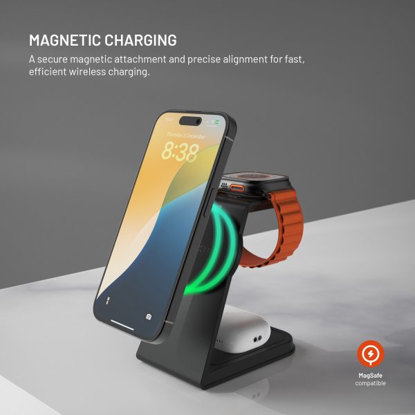 MagSafe Wireless charger MagPowerstation Alu 15W Qi2 3-in-1 Black