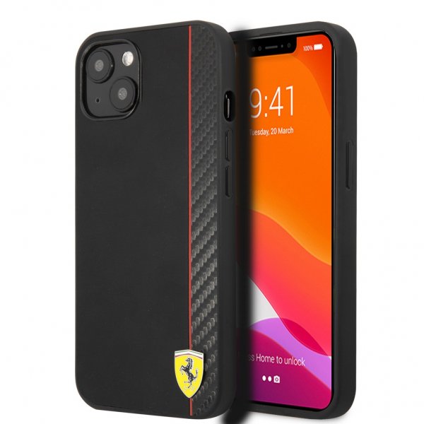 iPhone 13 Mini Case Carbon Effect Metal Logo Vertical Stripe Black
