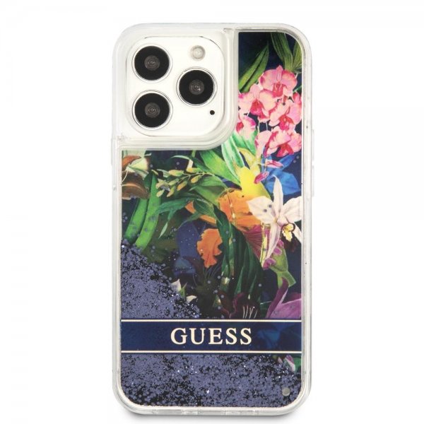 iPhone 13 Pro Case Liquid Glitter Flower Pattern Blue