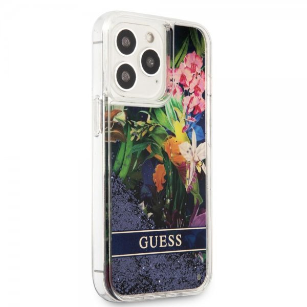 iPhone 13 Pro Case Liquid Glitter Flower Pattern Blue
