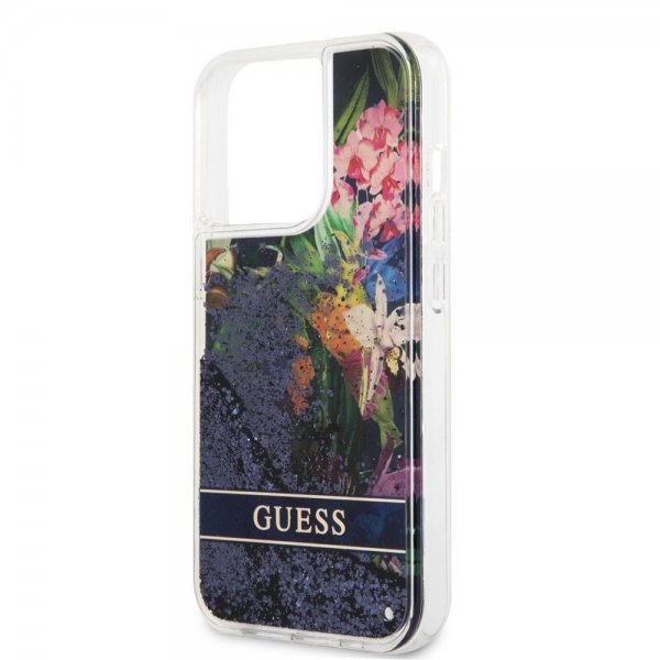 iPhone 13 Pro Case Liquid Glitter Flower Pattern Blue