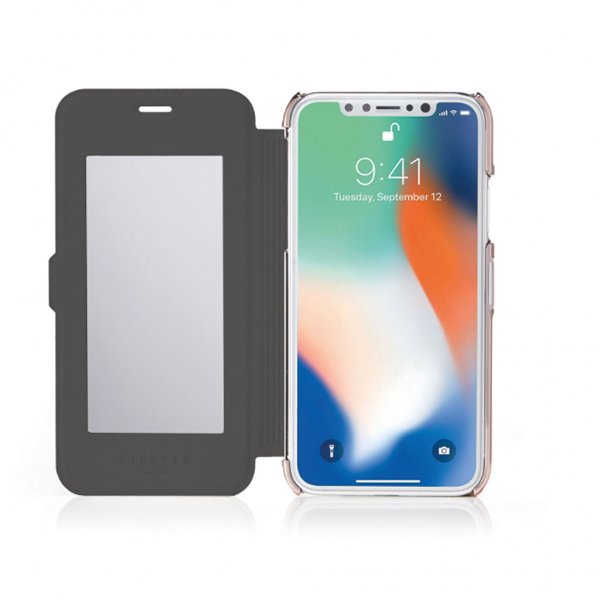 iPhone XR Slim Wallet Mirror Cover Black Rose Gold