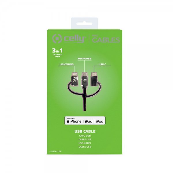 Cable 3in1 Micro-USB/USB-C/Lightning 1m Black