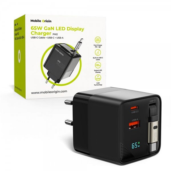 Charger with Display GaN 65W Built-In USB-C Cable