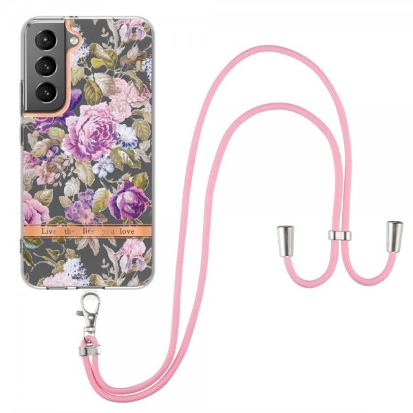 Samsung Galaxy S22 Plus Case Floral Pattern with Strap Purple Peonies