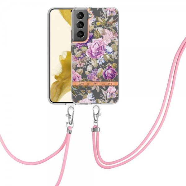 Samsung Galaxy S22 Plus Case Floral Pattern with Strap Purple Peonies