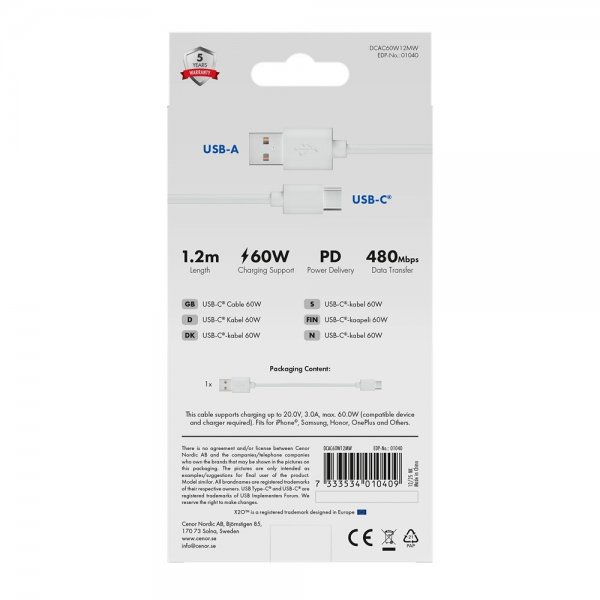 USB-A to USB-C Cable Basic 60W 1.2m White