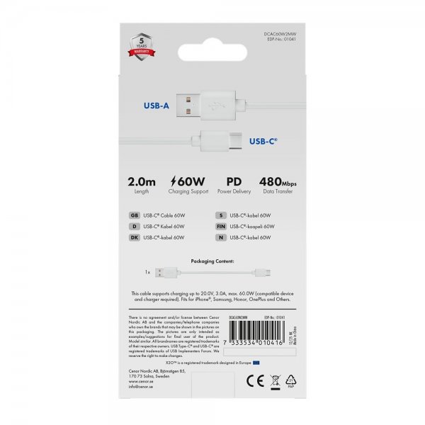 USB-A to USB-C Cable Basic 60W 2m White