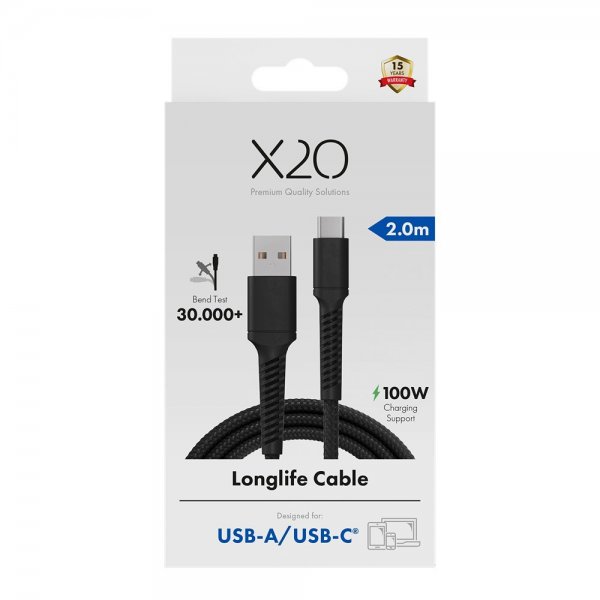 USB-A to USB-C Cable Longlife 60W 2m Black
