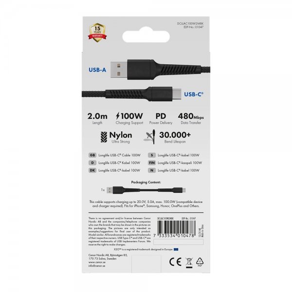USB-A to USB-C Cable Longlife 60W 2m Black