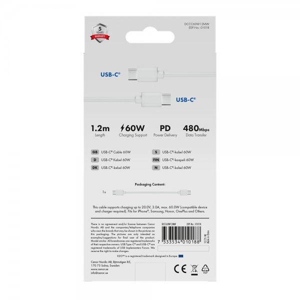 USB-C to USB-C Cable Basic 60W 1.2m White