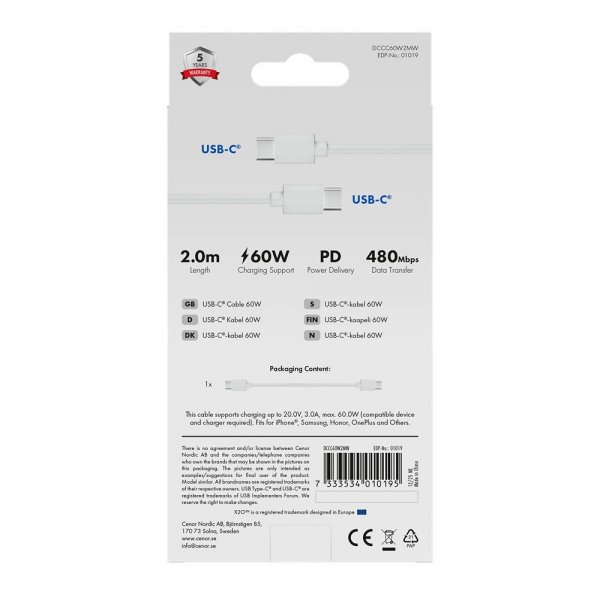USB-C to USB-C Cable Basic 60W 2m White