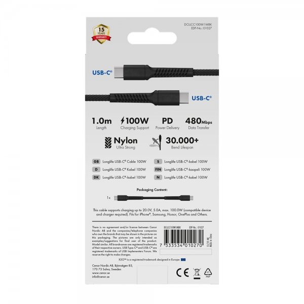 USB-C to USB-C Cable Longlife 100W 1m Black