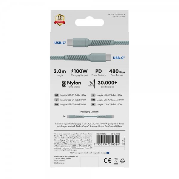 USB-C to USB-C Cable Longlife 100W 2m Blue