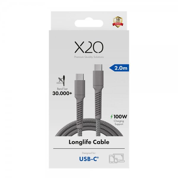 USB-C to USB-C Cable Longlife 100W 2m Grey