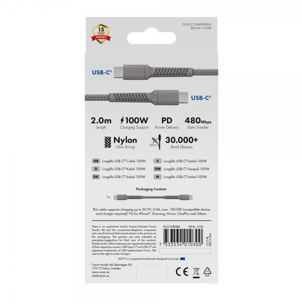 USB-C to USB-C Cable Longlife 100W 2m Grey