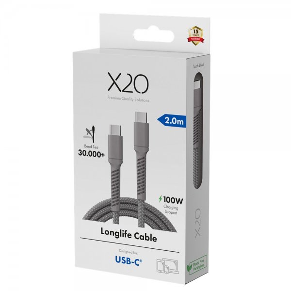 USB-C to USB-C Cable Longlife 100W 2m Grey
