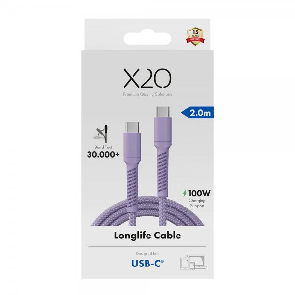 USB-C to USB-C Cable Longlife 100W 2m Purple