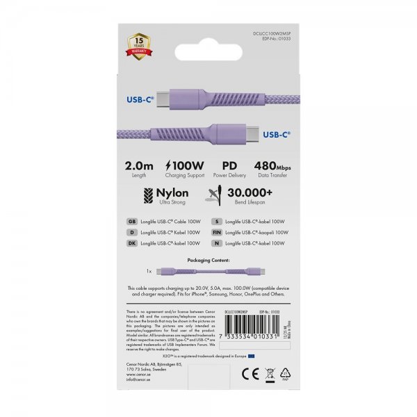 USB-C to USB-C Cable Longlife 100W 2m Purple