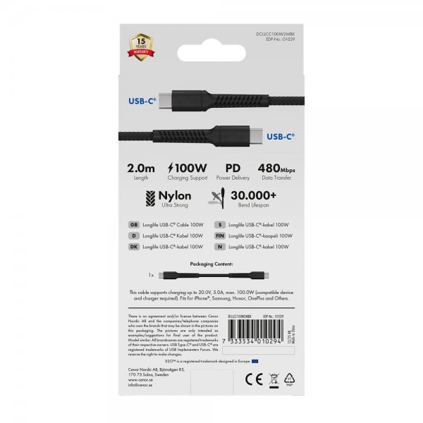 USB-C to USB-C Cable Longlife 100W 2m Black