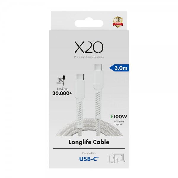 USB-C to USB-C Cable Longlife 100W 3m White