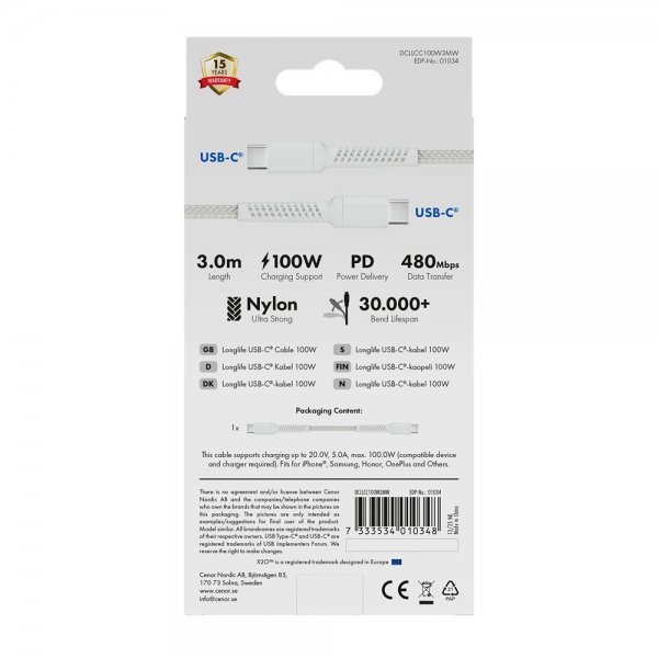 USB-C to USB-C Cable Longlife 100W 3m White