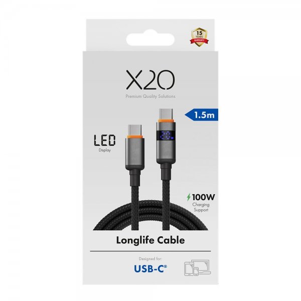 USB-C to USB-C Cable Longlife LED Display 100W 1.5m Black