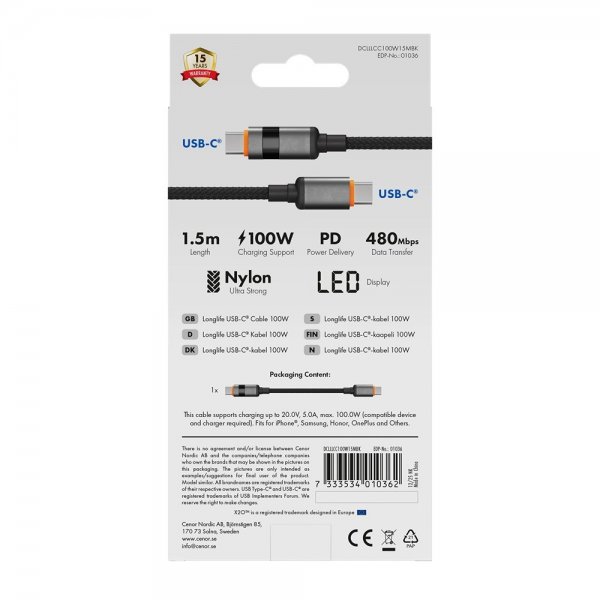USB-C to USB-C Cable Longlife LED Display 100W 1.5m Black