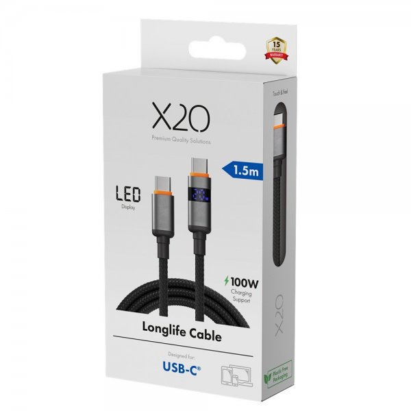 USB-C to USB-C Cable Longlife LED Display 100W 1.5m Black