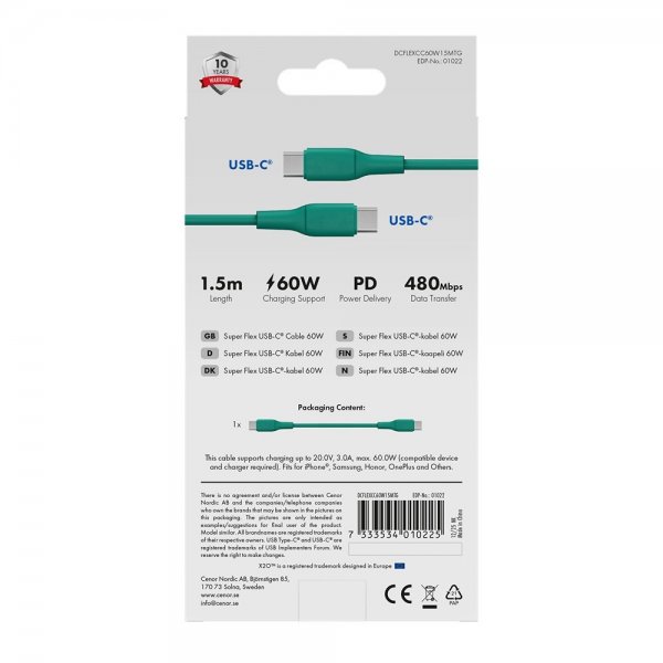 USB-C to USB-C Cable Superflex 60W 1.5m Green