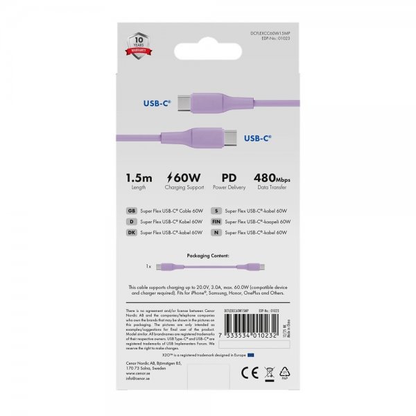 USB-C to USB-C Cable Superflex 60W 1.5m Pink